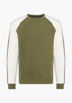 Olivgrön sweatshirt med vita raglanärmar, ribbad textur, rund halsringning och liten svart triangulär logotyp på bröstet.