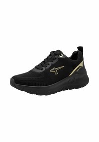 Černé sportovní boty s síťovaným svrškem, texturovanou podrážkou a zlatým logem. Disponují kulatými tkaničkami a polstrovaným límcem pro pohodlí.