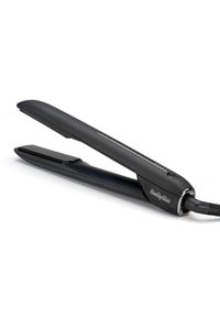 Schwarzer Haarglätter mit einem eleganten, matten Finish, abgerundeten Kanten und einem Chromakzent. Verfügt über einen Ein/Aus-Schalter und ein Kabel.