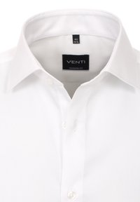 Weißes Hemd mit modernem Schnitt. Verfügt über einen strukturierten Kragen, eine durchgehende Knopfleiste und eine glatte, klare Textur. Markenlabel sichtbar.