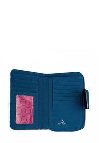 Teal fabric wallet with multiple card slots, clear ID window, and a pink patterned insert. Features "ECO VUCH" branding and sturdy closure.