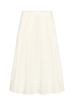 Fehér térdig érő szoknya lyukasztott hullámos szegéllyel és függőleges redőkkel, könnyű anyagból készült.