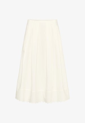 Fehér térdig érő szoknya lyukasztott hullámos szegéllyel és függőleges redőkkel, könnyű anyagból készült.