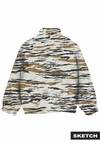 Leichte Übergangsjacke mit einem Tigerstreifenmuster in Beige, Schwarz und Weiß. Stehkragen und lockerer Schnitt mit strukturiertem Stoff.