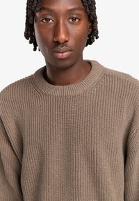 Beige gebreide trui met een ronde hals, gekenmerkt door een ribbelstructuur en een losse pasvorm, die een neutrale kleur en casual ontwerp laat zien.