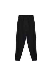 Pantalones de chándal negros con cintura elástica, puños ajustados y una textura de tela suave. Presenta un pequeño logo en la cintura.