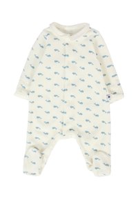 Body per neonato color crema realizzato in morbido tessuto, con una stampa di piccole balene blu, maniche lunghe e chiusura a pressione sul davanti.