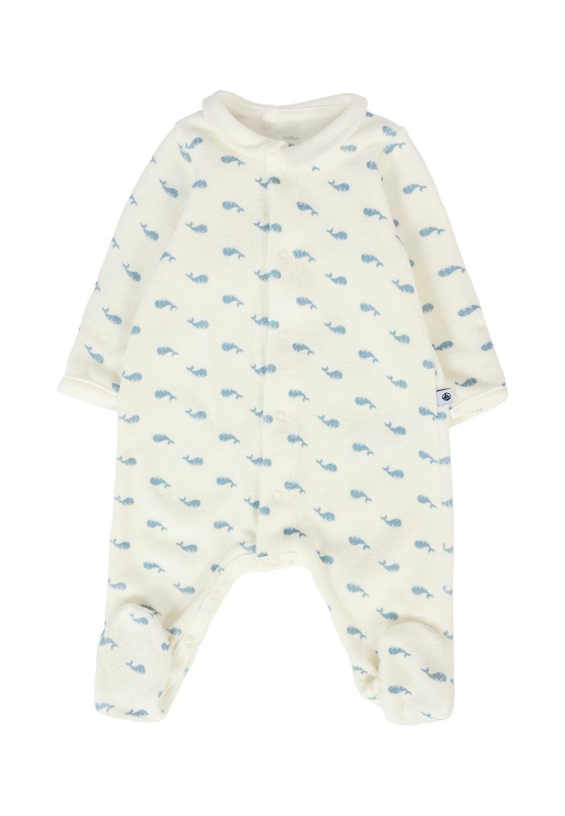 Body per neonato color crema realizzato in morbido tessuto, con una stampa di piccole balene blu, maniche lunghe e chiusura a pressione sul davanti.