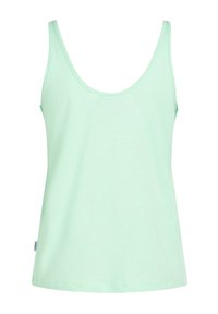 Miętowa tank top wykonana z lekkiego, miękkiego materiału. Posiada okrągły dekolt i wąskie ramiączka, z prostym dołem i bez wzorów.
