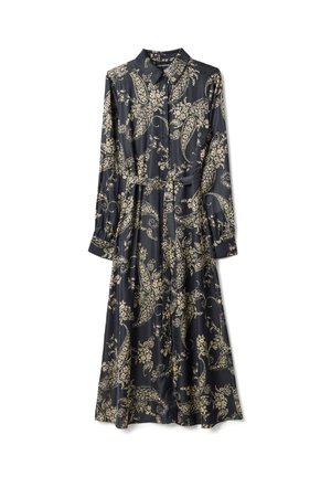 Vestito camicia midi nero a maniche lunghe con motivo floreale beige paisley e cintura coordinata in vita, chiusura con bottoni sul davanti e colletto appuntito.
