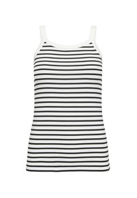 Strap tank top with horizontal black and white stripes, made of smooth fabric. Features a fitted cut and wide shoulder straps.