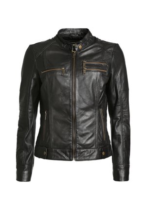 Zwarte leren jack met een opstaande kraag, twee asymmetrische ritszakken, gestructureerde mouwdetails en een getailleerde pasvorm.