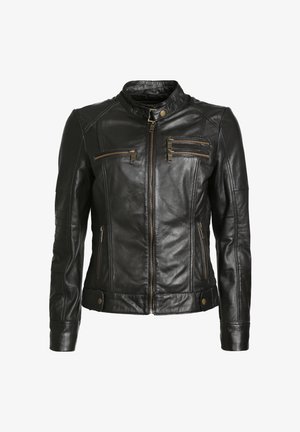 Zwarte leren jack met een opstaande kraag, twee asymmetrische ritszakken, gestructureerde mouwdetails en een getailleerde pasvorm.