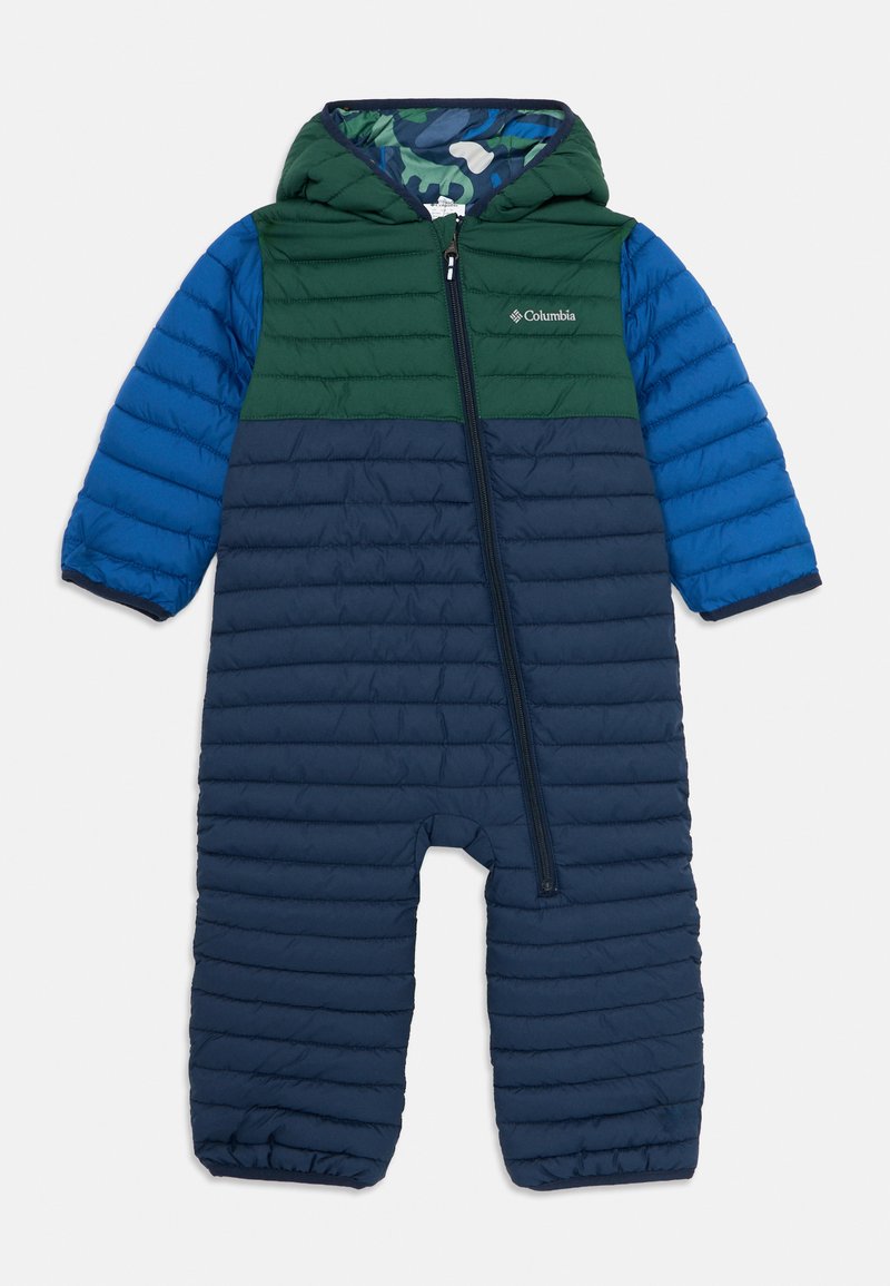 Bērnu mīksts, ar kapuci tērps zaļā, zilā un tumši zilā krāsā ar priekšējo rāvējslēdzēju un militārā stila kapuces oderi.