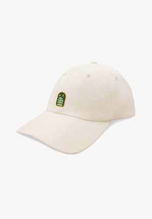 Jasno beżowa czapka bejsbolowa wykonana z bawełny z haftowanym zielono-pomarańczowym logo przedstawiającym drzewa i słońce. Wygięty daszek i otwory wentylacyjne.