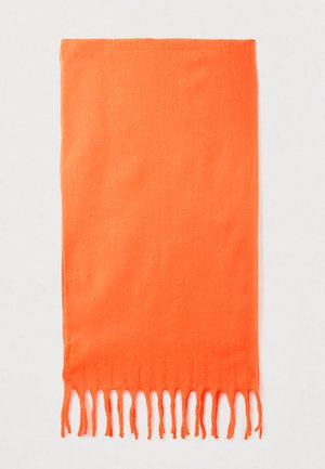Écharpe orange vif en tissu doux, avec une texture lisse et des bords frangés, design rectangulaire.