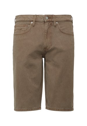 Shorts en denim coton marron avec une coupe droite, cinq poches et fermeture à bouton en métal. Présente un léger délavage et un ourlet cousu.