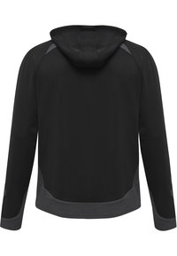 Sweat-shirt à capuche noir avec des manches longues, présentant des accents gris sur les épaules et l'ourlet. Fabriqué dans un tissu lisse et flexible.