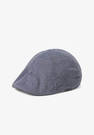 Flache grau-weiße strukturierte Schiebermütze mit sechsteiliger Konstruktion und kurzem vorderem Schirm, dargestellt vor weißem Hintergrund.