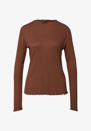 Bruine geribbelde top met lange mouwen, een ronde halslijn en een golvende zoom, gemaakt van een zachte, rekbare stof.