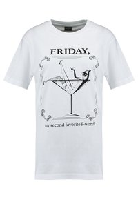 T-shirt bianco in cotone a maniche corte con un design grafico nero di un bicchiere di martini e la scritta "VENERDÌ, la mia seconda parola preferita che inizia con F."