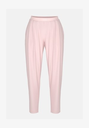 Lichtroze lichtgewicht broek met een gladde textuur, voorzien van een elastische tailleband, taps toelopende pijpen en subtiele plooien voor extra detail.