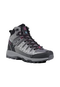 Scarponcino da trekking a taglio medio in grigio e nero con dettagli rosa. Presenta una tomaia texturizzata, una suola robusta e chiusura con lacci e ganci per supporto.