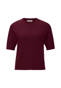 Burgundy short-sleeve sweater made of soft knit material. Features a crew neckline and ribbed hem. Simple, unadorned design.