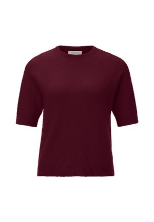Burgundy short-sleeve sweater made of soft knit material. Features a crew neckline and ribbed hem. Simple, unadorned design.