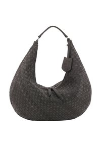 Woven suede handbag in dark gray, featuring a curved silhouette, a zip closure, and a detachable accent piece for added detail.