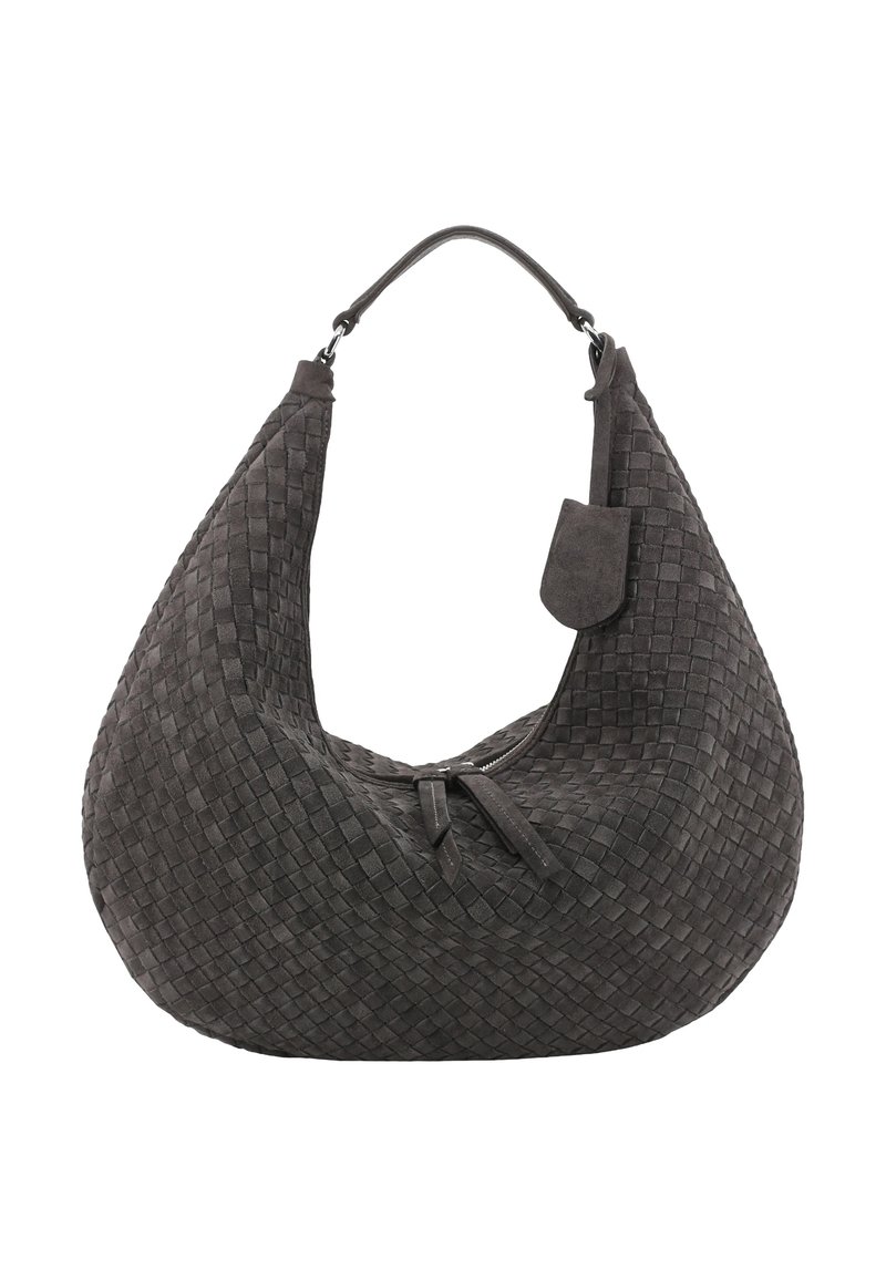 Woven suede handbag in dark gray, featuring a curved silhouette, a zip closure, and a detachable accent piece for added detail.