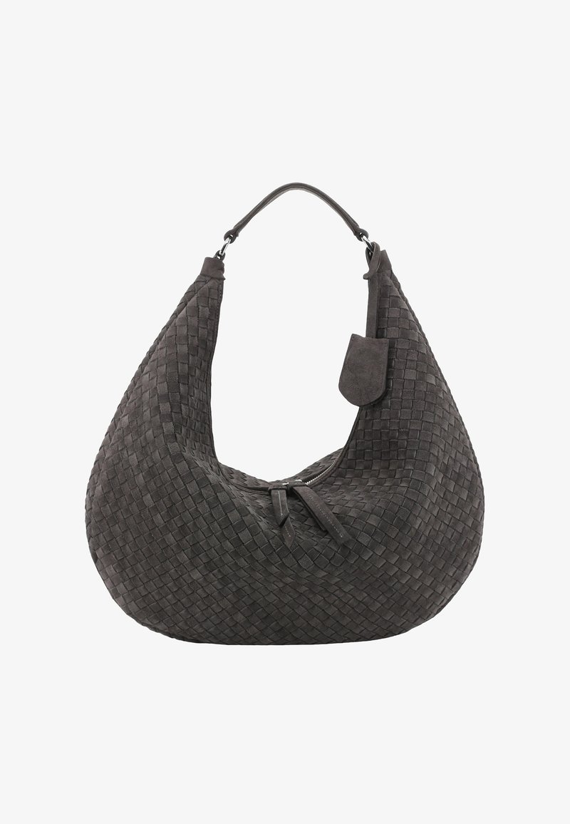Woven suede handbag in dark gray, featuring a curved silhouette, a zip closure, and a detachable accent piece for added detail.
