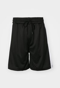 Svartidrettsshorts laget av mesh-stoff, med elastisk midjebånd og justerbar snor, samt hvite sidelapper.