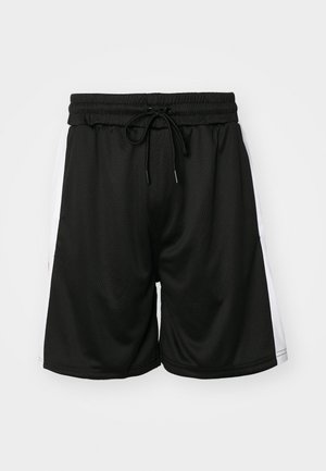 Pantalones cortos deportivos negros de tela de malla, con una cinturilla elástica y cordón ajustable, y acentos laterales en blanco.