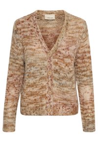 Pletený kardigan v teplých béžových a hnědých odstínech s výstřihem do V, pěti dřevěnými knoflíky a dlouhými rukávy s žebrovanými manžetami. Celoplošný texturovaný vzor.