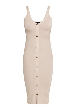 Robe midi beige sans manches avec un décolleté en V et une fermeture boutonnée sur le devant de haut en bas.