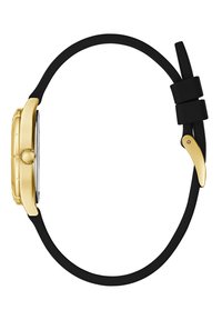 Orologio da polso dorato con cassa rettangolare, cinturino in gomma nera e dettagli dorati sulla chiusura. Superficie liscia, design minimalista.