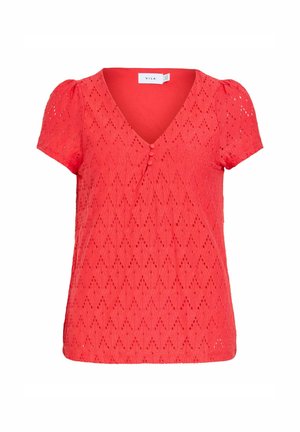 Blouse rouge à manches courtes en dentelle avec col en V, trois boutons recouverts de tissu et motif en losanges ajourés, de la marque Vila.