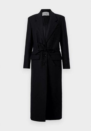 Black long blazer coat made of wool blend with a tie belt, tailored shape, notch lapels, and two front pockets. Double-breasted button closure.