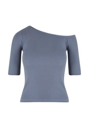 Světle modrý žebrovaný top s asymetrickým výstřihem a krátkými rukávy. Vyrobeno z elastického materiálu pro přiléhavý siluetu.