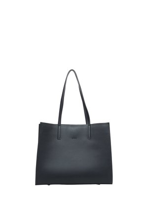 Schwarze Ledertasche mit zwei langen Griffen und dezentem Logo, mittig nahe dem oberen Rand platziert.