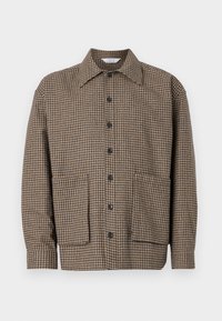 Brown checkered shirt jacket with a notched collar, front button closure, and two patch pockets at the bottom. Textured fabric.