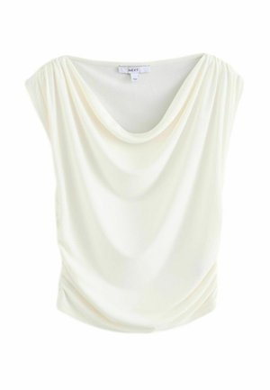 White draped top with short sleeves, smooth texture, gathered sides, and v-neck design. Label visible at the neckline.