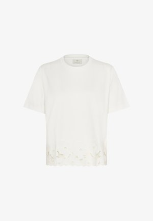 White cotton t-shirt featuring short sleeves and a scalloped hem with floral lace detailing at the bottom. Simple, clean-cut design.