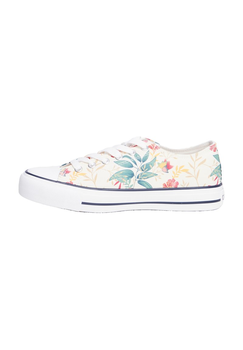 Zapatilla de lona con estampado floral en rosa y verde sobre un fondo blanco. Cuenta con cordones blancos y una suela de goma con acentos en navy.