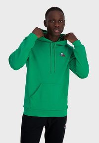 Felpa verde con tasca a marsupio, cappuccio regolabile con cordino e logo ricamato sul petto. Il materiale sembra liscio e leggero.