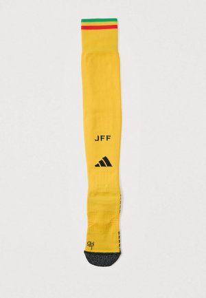 Gele voetbalsok met een bovenband met groene, rode en gele strepen, met zwarte "JFF" tekst en Adidas-logo; zwart voetgedeelte met textuur.