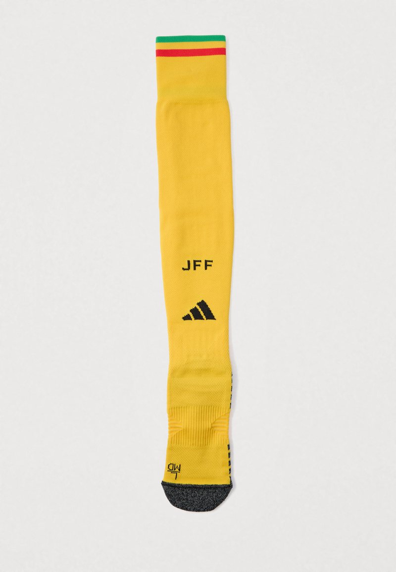 Calzettoni da calcio gialli con banda superiore a strisce verde, rosse e gialle, con testo nero "JFF" e logo Adidas; zona del piede nera con texture.