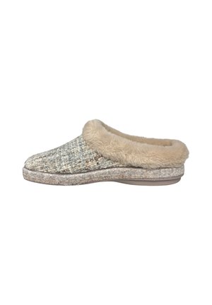 Instapslipper met beige pluizige voering en een grijze stof bovenkant met textuur, platte zool, ontworpen voor binnencomfort.