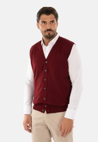Gilet in lana bordeaux con scollatura a V, chiusura a bottoni e tessuto strutturato, indossato sopra una camicia bianca con colletto. Presenta bottoni in argento e maglia liscia.
